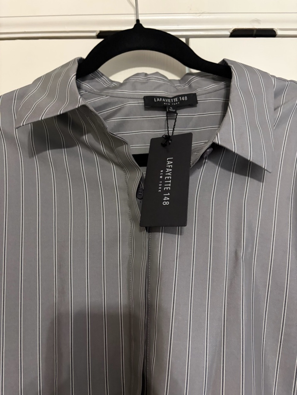 Lafayette 148 New York Gray Pinstripe Cotton & Silk Button-Down NWT // L